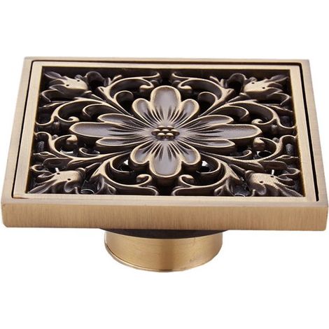 Ablaufgarnitur im Vintage-Stil mit Messinggravuren, quadratisches Antik-Design, geeignet für Badezimmer und Gärten, 10 x 10 cm - florales Motiv. (1/5)