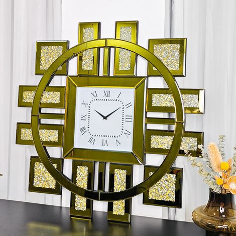 Square Wall Clocks Luxury Sparkling CrystalBattery Operated Home/Office/Kitchen - Gold