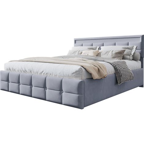 Lit Coffre Double 180 x 200 cm en Velours Gris avec LED et Vérin Hydraulique, Cadre à Lattes (1/5)