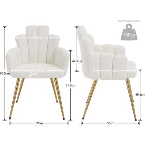 Wahson Lot de 2 chaises de salle à manger en fausse fourrure – Dossier ergonomique – Pieds en métal doré – Confort optimal – Blanc