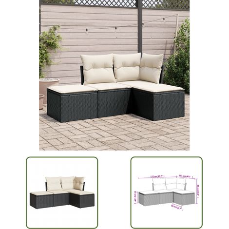 The Living Store Salon de jardin 4 pcs avec coussins noir résine tressée - Canapé De Jardin - Salon De Jardin - Mobilier Extérieur - Résine Tressée - Poly Rotin (1/3)