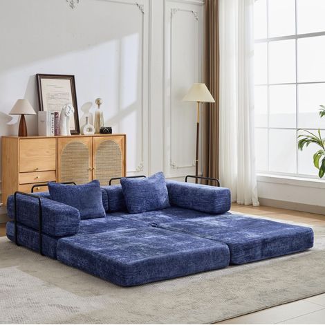 Divano letto da pavimento pieghevole in ciniglia blu scuro 200 x 100 cm OKMYHOME (1/5)
