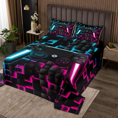 Jeux pour Garçons Dessus de Lit Jeux 260x240 Couvre-Lit Enfants Garçons Adolescents Hommes Néon Horreur Plaid Jeu Vidéo Couverture de Lit 3D Géométrie Console de Jeu Jetés de Lit Bleu Violet - 260x240 (1/5)