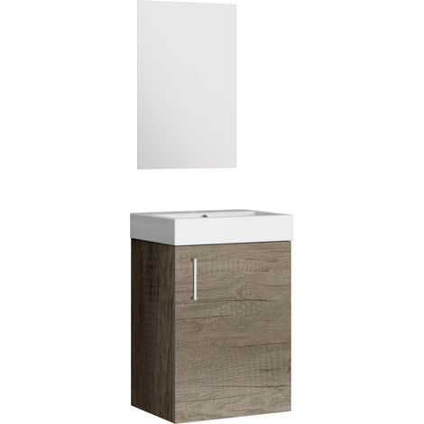 Ensemble de Meuble de Salle de Bain 45 cm avec lavabo en mélamine 16 mm. Meuble monté. Lavabo encastré avec Miroir 1 Porte poignée Verticale (1/5)