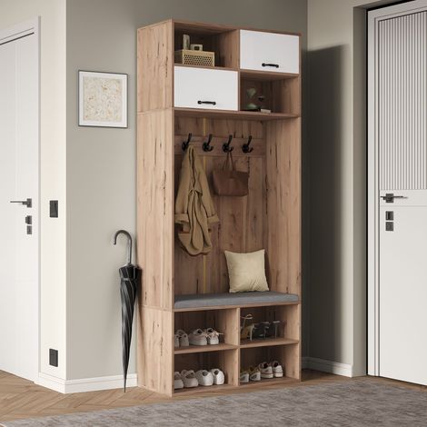 Set mobili ingresso stile rustico con appendiabiti, scarpiera, panca con cuscino, 5 ganci, 2 ante e 6 vani a giorno - Color legno naturale e bianco