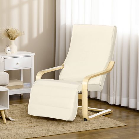 Bequemer Sessel zum Entspannen mit verstellbarer, abnehmbarer Fußstütze, 94 x 66,5 x 100 cm, Massivholz, cremefarben
