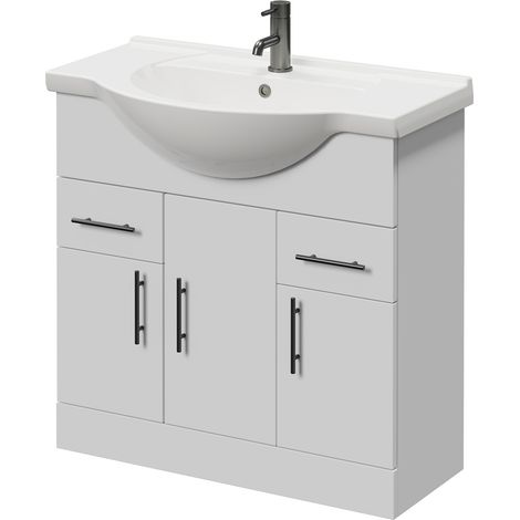Alexander James Gloss White 850mm 3 Door Vanity Unit - 850mm - Gunmetal Grey 96mm Bar Handle