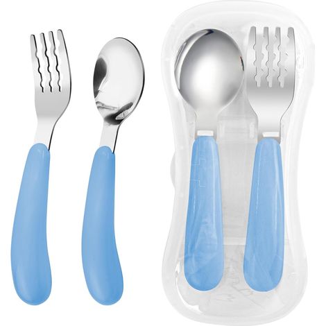 Lot de 2 fourchettes et cuillères enfant, acier inoxydable 18/8, avec étui de voyage bleu. (1/5)