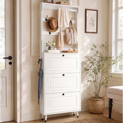 Appendiabiti da ingresso con scarpiera a 3 ante ribaltabili, bianco, 66 x 17 x 180 cm (1/5)