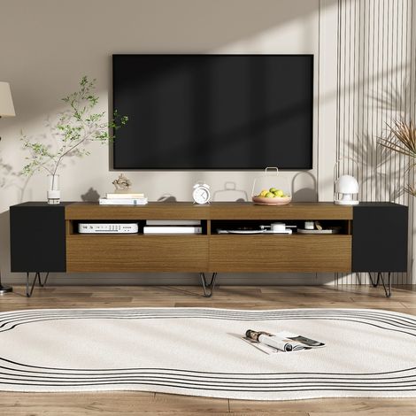Niedriger TV-Schrank 180 x 36 x 43 cm – Modernes Design, schwarz und in Holzoptik, mit offenen Fächern – Schwarz und Holz (1/5)