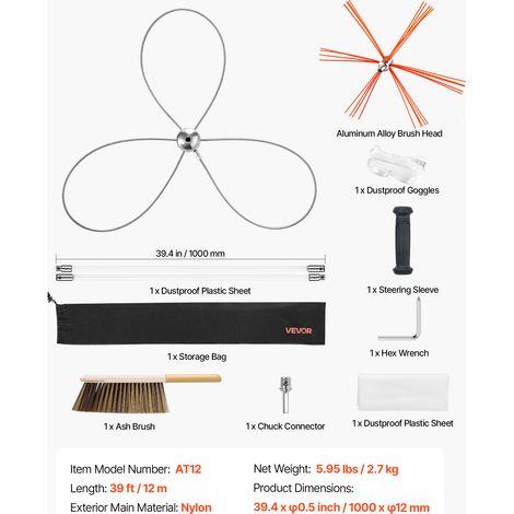 VEVOR Chimney Sweep Kit, 39 ft Maximum Extendable Length Chimney Brush, Chimney Cleaner Sweeper with Dual Brush Heads & Bristle Replacements, Fireplace Cleaning Tool for Square, Rectangle Chimneys (1/4)