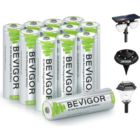 12 Piles Rechargeables Solaires AA 1000mAh 1.2V NiMH, Haute Performance, pour Lampes Solaires Extérieures Et Guirlandes Lumineuses (1/5)