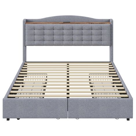 Lit capitonné 160200 cm,table de chevet avec port de charge USB et rangement,lit double plat avec 4 tiroirs,tissu lin gris (1/5)
