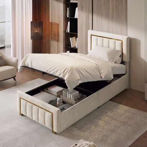 JOOKGBD-Lit Coffre 90x200 cm,Lit Simple Rembourré 90x200 cm avec Sommier et Rangement et Tête de lit,Bordure dorée,lit adolescent avec Rangement Hydraulique,pour Adulte Adolescent,Velours,Beige (1/5)