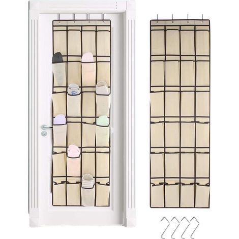 Porte-chaussures suspendu - 24 poches - tissu non tissé respirant - 4 crochets métalliques - pour porte ou mur - beige (1/5)