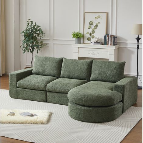 Divano modulare a L 251x160x81 cm, chaise longue reversibile, senza montaggio, in ciniglia verde (1/5)