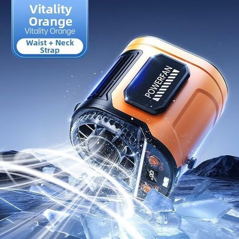 Ventilateur cou/ceinture – Orange vif, refroidissement semi-conducteur, 5000mAh, USB-C, 6 vitesses, BLDC, silencieux, avec lumière