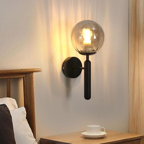 Modern Wall Light with Smoked Glass Sphere, Matt Black E27 Minimalist Wall Lamp for Living Room Bedroom Hallway