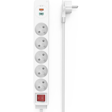 Multiprise 5 Prises, 1 Port USB-C, 1 Port USB-A, Interrupteur (Bloc multiprise, Economie d'Energie, Power Delivery Fast Charge, Cable 1.4m pour Smartphone, Maison, Bureau, 3680W) Blanc (1/5)