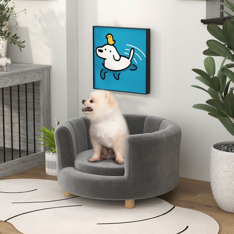 Cama para mascotas (perros y gatos), patas de madera, elevada, funda de franela, cojín extraíble, color gris. (1/5)