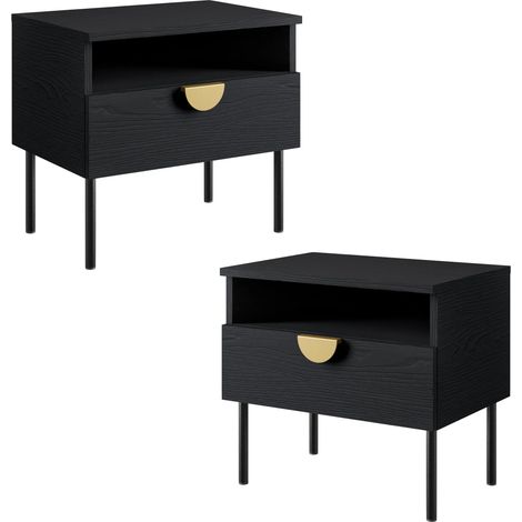 AX LIVING Nachttisch Schwarz Brunelli 50 cm 2er Set Gold Griffe