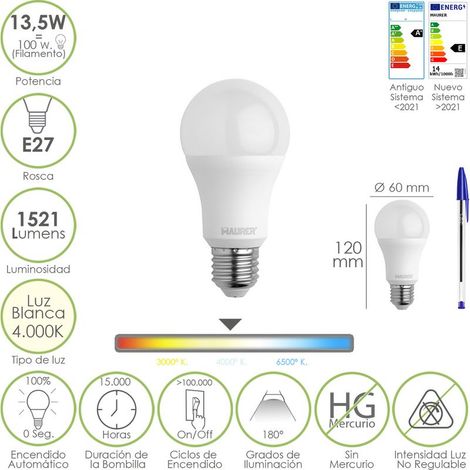 Bombilla Led Estandar Rosca E27. 13,5 Watt. Equivale A 100 Watt. 1521 Lumenes. Luz Neutra (4000º K.)