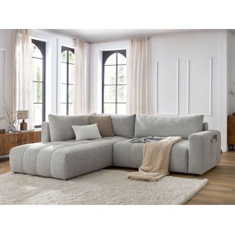 Bobochic – Canapé d'angle L convertible avec coffre – 3 places – Tissu chiné gris clair – Structure bois – Confort équilibré – Montage facile (1/5)