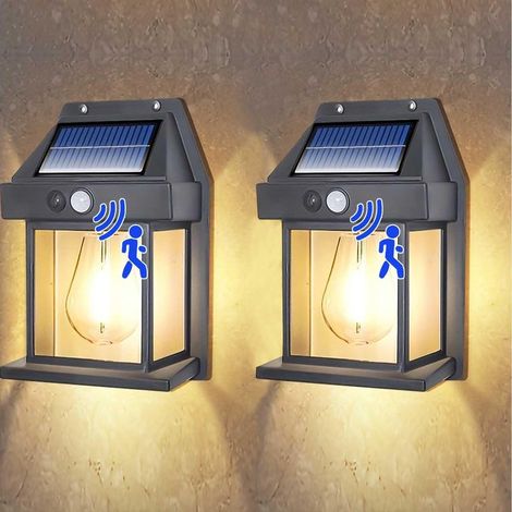 2er-Pack Solar-Wandleuchten für den Außenbereich, Vintage-Solar-Wandlaternen mit Bewegungsmelder, IP65 wasserdichte Sicherheitsleuchten mit PIR-Bewegungsmelder für Veranda, Balkon, Terrasse, Garage un (1/5)