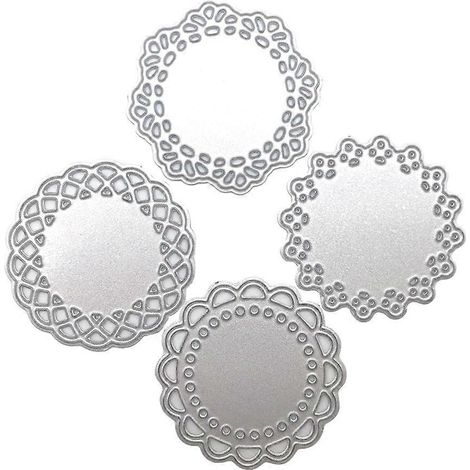 Lot de 4 matrices de découpe rondes en métal argentées, avec lame en forme de dentelle. Idéales pour la création de cartes et la décoration de carnets. (1/4)