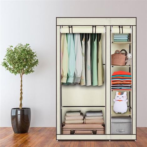 Armoire à vêtements portable avec tissu non tissé et tige de suspension rapide et facile à assembler, beige, 110x45x175cm