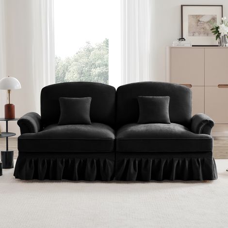Modernes 2-Sitzer-Sofa im mittelalterlichen Stil, mit verlängerten Armlehnen, abnehmbaren Faltenröcken und Holzfüßen, bequemer Chenille-Stoff – Ideal für das Wohnzimmer – Schwarz