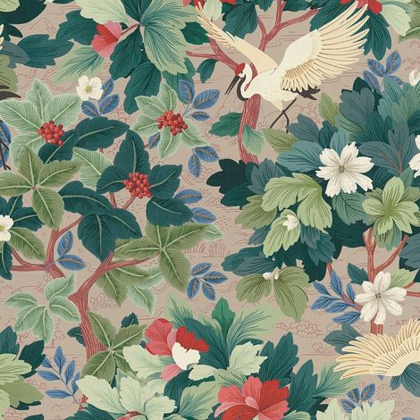 Vogel Tapete Profhome 791861 heißgeprägte Vliestapete leicht strukturiert mit Blumen-Muster matt beige blau-grün rot weiß 5,33 m2
