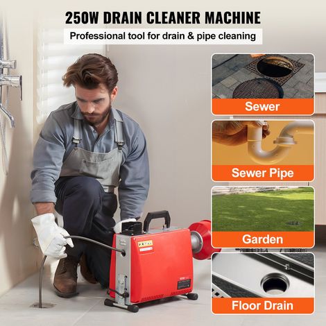 Déboucheur Électrique Canalisation 20 m x 16 mm Machine Nettoyage Tuyaux Alimentation Manuelle 250 W, 7 Coupeurs, 2 Câbles Acier 20 m x 16 mm/4,6 m x 9,5 mm, Contrôle CW/CCW pour Tuyaux 4-10 cm (1/5)