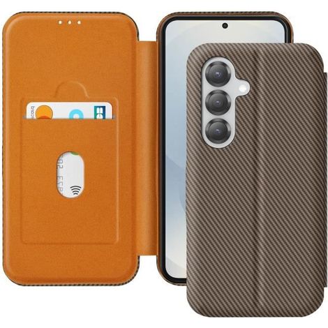 Étui pour smartphone - Samsung S25 Plus - Fibre de carbone - Support vidéo - Anti-RFID Marron (1/5)