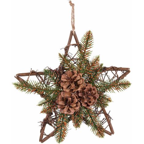 Ghirlande in legno a stella di Natale con pigne e aghi di di pino con dettagli in oro e cordino per appendere, set da 4 pezzi, cm 30 x 28 H