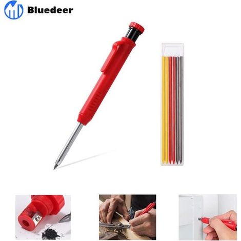 Crayon de chantier robuste avec 7 recharges, crayon de menuisier extensible, taille-mine intégré, mines de charpentier (Tischler Bleistift) (1/4)