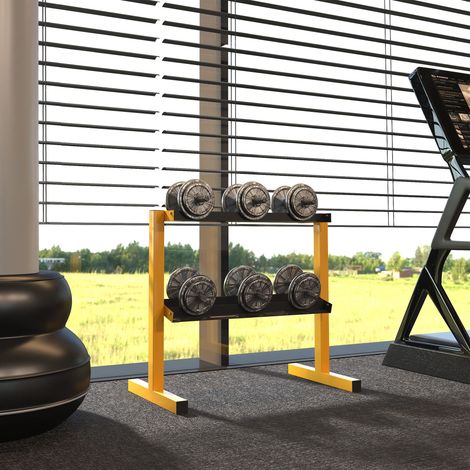 Soporte para mancuernas, hasta 270 kg, 2 estantes, estructura de acero, amarillo, 92,5 x 50,5 x 80,5 cm