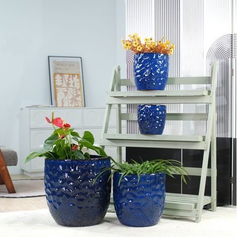 Pot de fleurs en céramique Ø38 cm bleu nuit, relief martelé, moderne avec drainage FloraGrace (1/5)