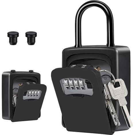 Boite à Clé, Boite à Clé Sécurisée Portable Avec Anse Amovible (Noir)  Boite a Clé Avec Code 4 Chiffes, Boite a Cles Securisee a Code Exterieur pour La Maison, Le Bureau, La Location (1/5)