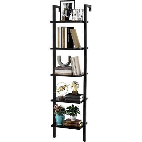 Étagère Échelle, Bibliothèque 5 Niveaux, Meuble de Rangement pour Livres, Décorations, Étagère Murale Flottante Industrielle pour Salon, Cuisine, Bureau, 40 x 30 x 178CM Noir (1/5)