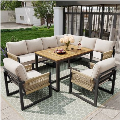 Salon de jardin - 7-8 places - Résistant aux intempéries - Imperméable - Beige (1/5)
