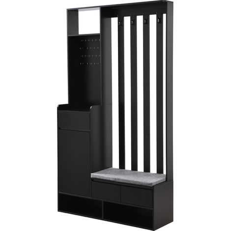 Mueble recibidor con banco acolchado, panel perforado, 4 ganchos y cajón, negro (1/5)