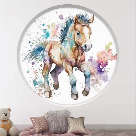Stickers Trompe l'oeil Arche ronde Enfants - Cheval coloré - Diamètre 30 cm (1/4)