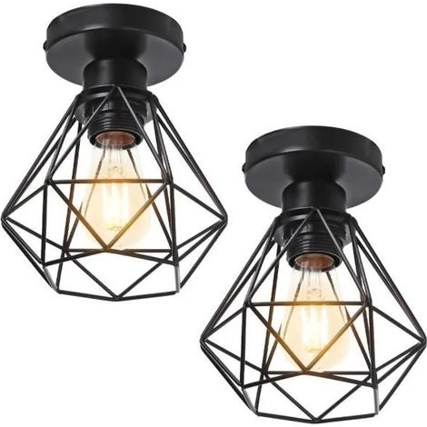 U-Do 2Pcs Plafonnier Industriel Vintage Lampe Cage forme Diamant Mini en Fer Noir (1/4)