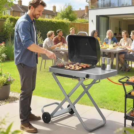 Tragbarer Gasgrill 1-Brenner 2,5kW Grillwagen mit Faltbarem Rollwagen Grillrost Seitentisch Deckel Thermometer (1/5)