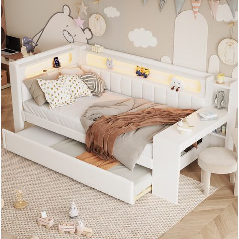 DESVIAE Lit de jour 90 x 200 avec éclairage LED, ports USB, lit gigogne 90 x 190, bureau intégré, blanc (1/5)