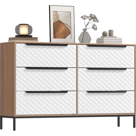 Commode à 6 tiroirs en tissu, façades à motif losanges, idéale pour le salon, le bureau ou le dressing. Coloris naturel et blanc.
