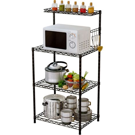 Estantería de cocina multifuncional de 4 niveles con soporte para microondas y horno, ajustable, con rejillas metálicas y 5 ganchos laterales.