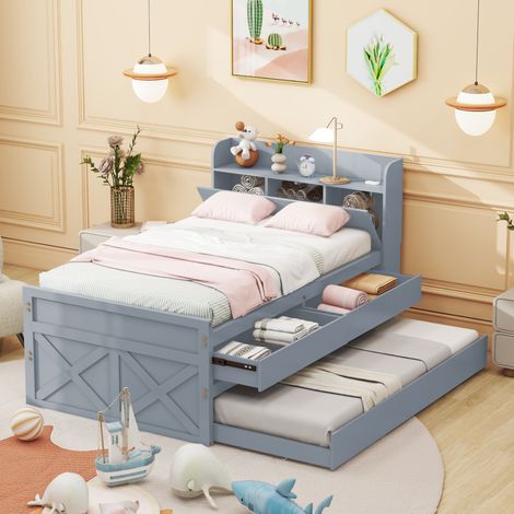 lit adulte rangement gigogne 90x190 bois massif gris OKMYHOME (1/5)