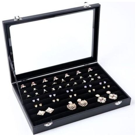 Noir,35x24 cm，Boîte à bijoux en velours noir avec couvercle en verre  Boîte à bijoux avec couvercle en verre transparent pour bagues, boucles d'oreilles et boutons de manchette